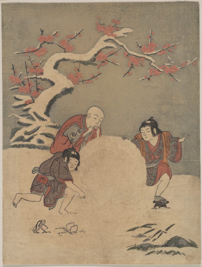 鈴木春信の浮世絵、雪玉転がしです。