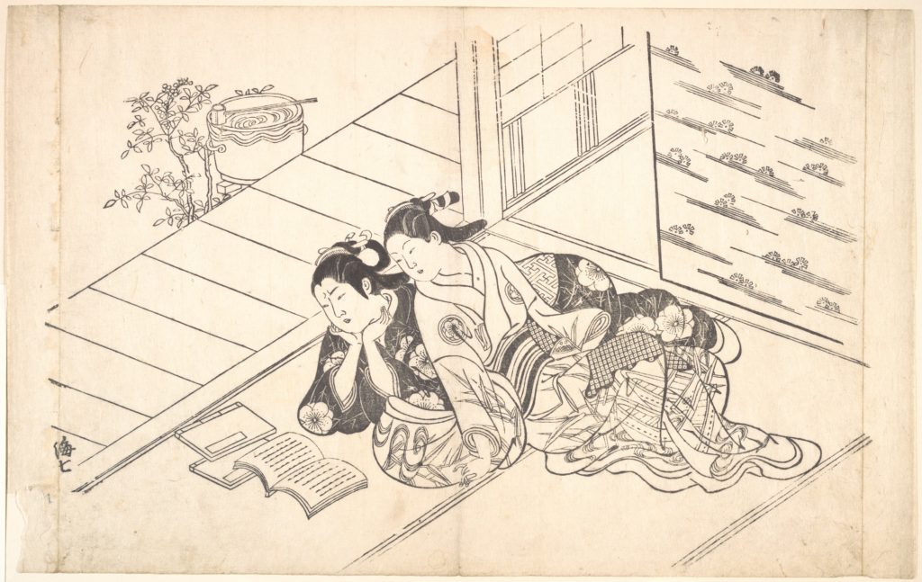 西川祐信の浮世絵です。二人の女性が本を読んでいます。