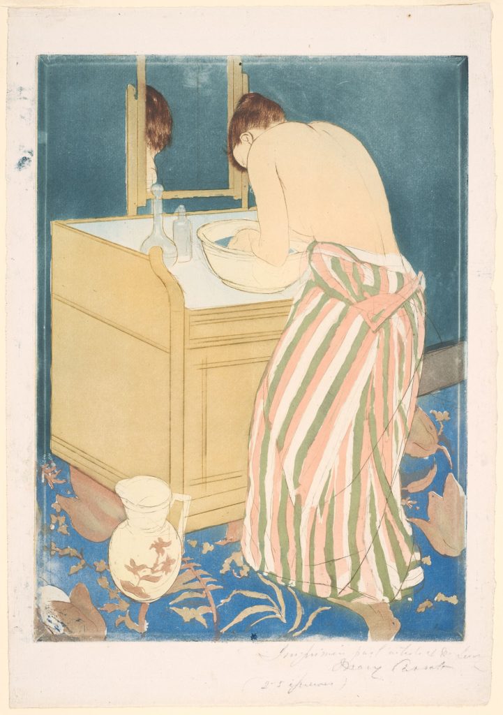 アメリカ出身の画家、メアリー・カサットの版画、「沐浴をする女性」です。