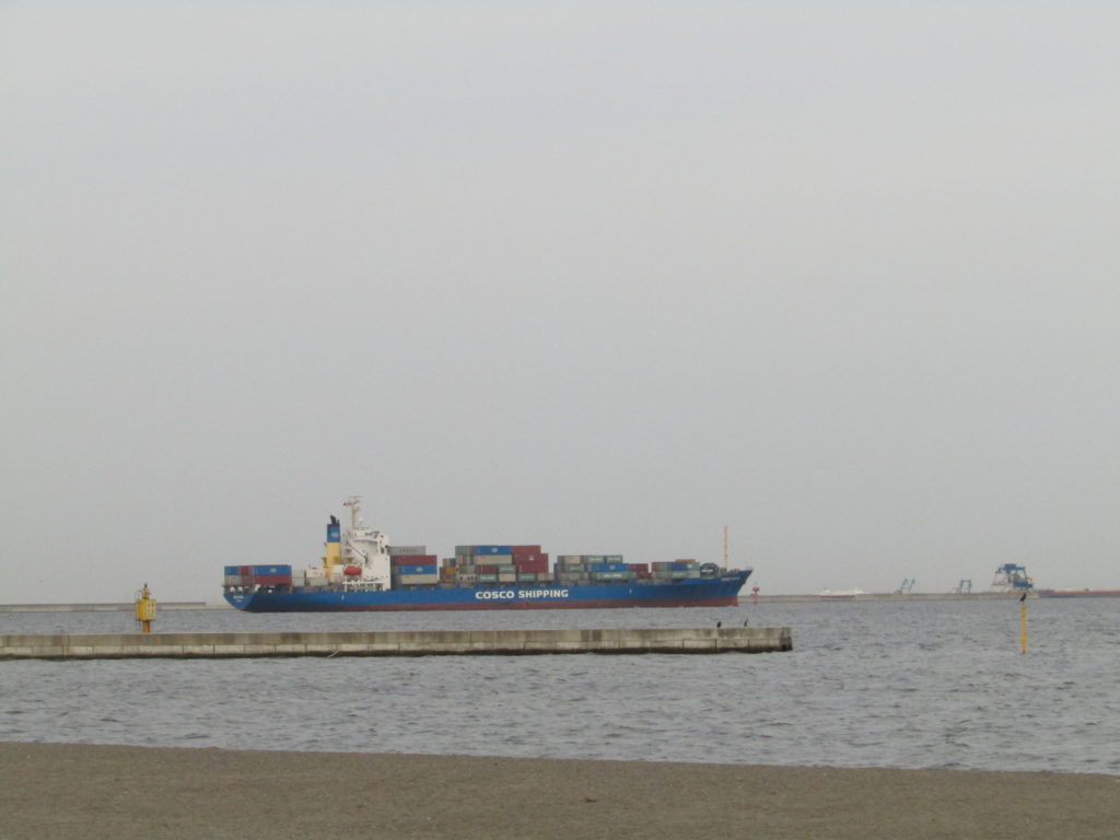 城南島海浜公園の沖を通るコンテナ船です。